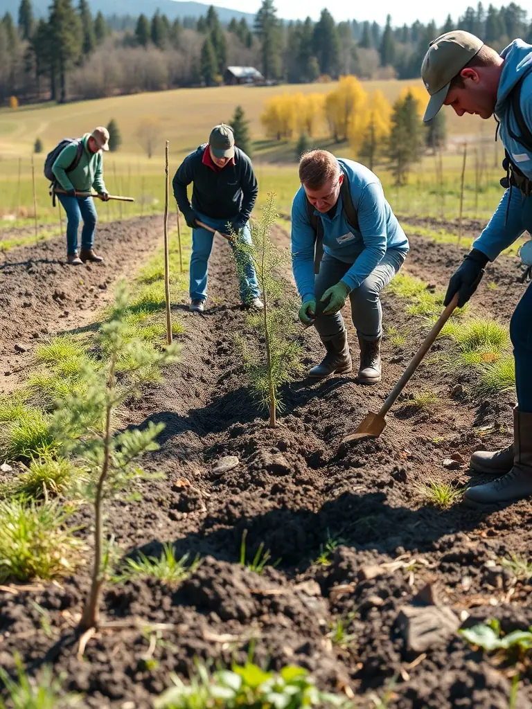 A photograph depicting volunteers planting trees in a deforested area, illustrating SOCIETE DE CHASSE DE LA COMMUNE D ECURAS's commitment to habitat restoration and conservation efforts.