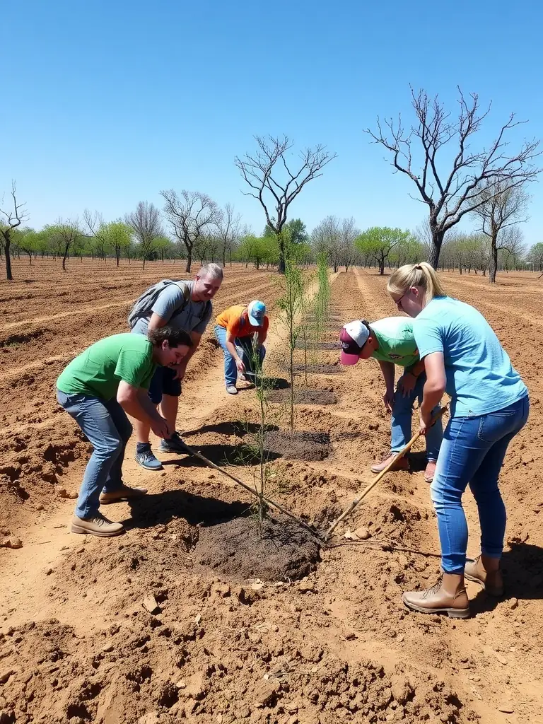 A photograph depicting volunteers planting trees in a deforested area, illustrating the habitat conservation efforts of SOCIETE DE CHASSE DE LA COMMUNE D ECURAS.