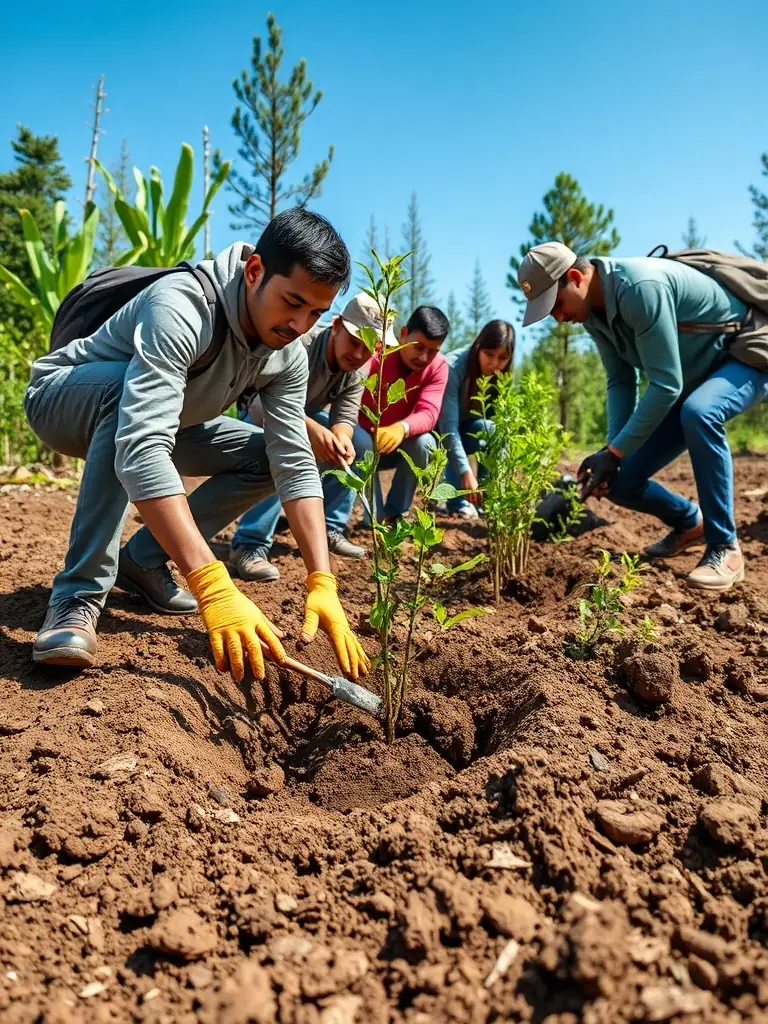 A photograph depicting volunteers planting trees in a deforested area, illustrating the habitat conservation efforts of SOCIETE DE CHASSE DE LA COMMUNE D ECURAS.
