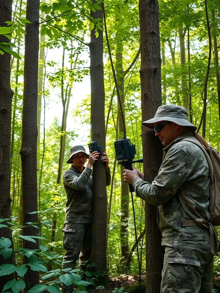 A photograph of a SOCIETE DE CHASSE DE LA COMMUNE D ECURAS patrol team in action, highlighting their efforts to prevent illegal hunting and protect wildlife from poachers.