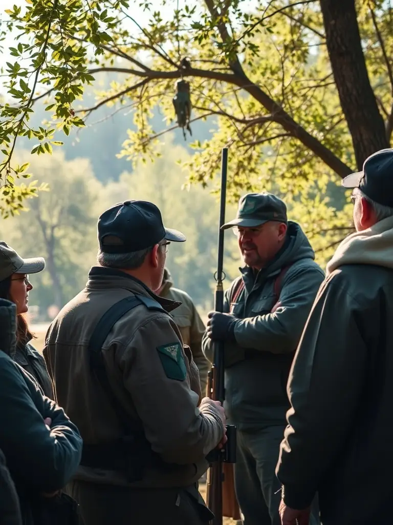 A photo of a SOCIETE DE CHASSE DE LA COMMUNE D ECURAS team member conducting an educational workshop for local community members on responsible hunting practices.