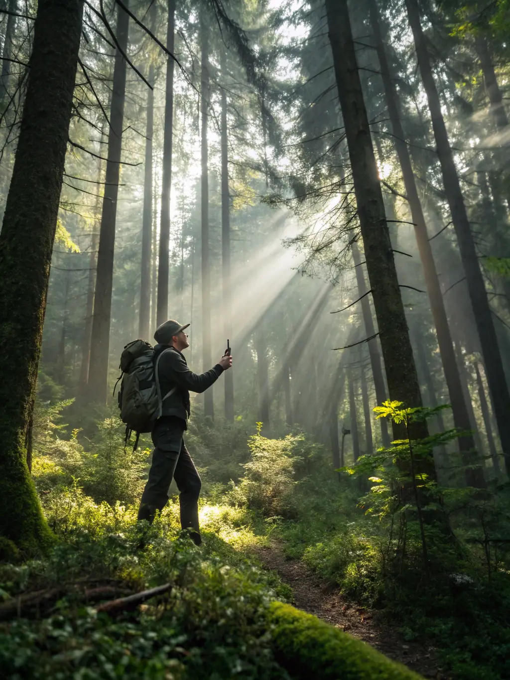 A photograph of a SOCIETE DE CHASSE DE LA COMMUNE D ECURAS member patrolling a forest area, showcasing the anti-poaching and law enforcement activities.