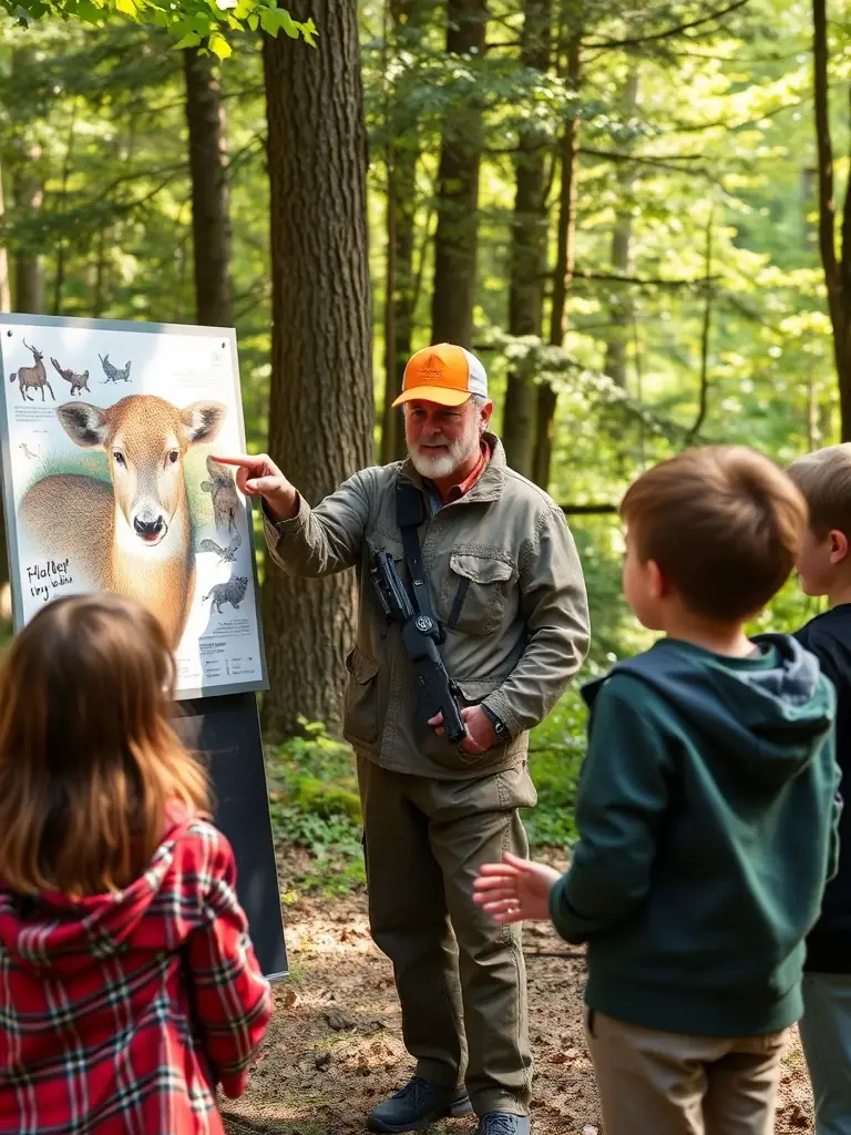 A photograph of a SOCIETE DE CHASSE DE LA COMMUNE D ECURAS member leading an educational workshop for local children, promoting environmental awareness and responsible land use.