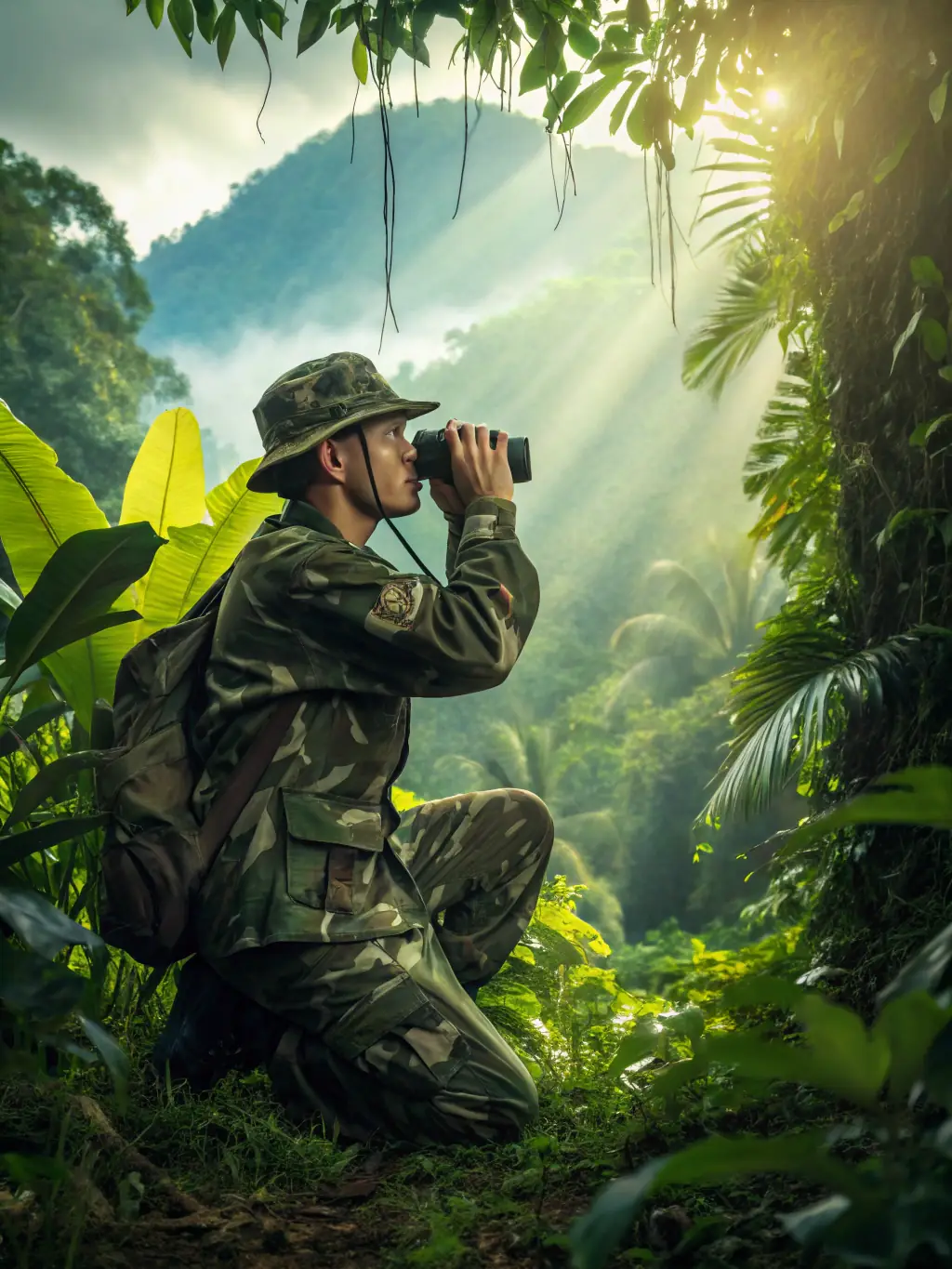 Ranger patrol in action, equipped with surveillance gear, patrolling a protected area at dawn.